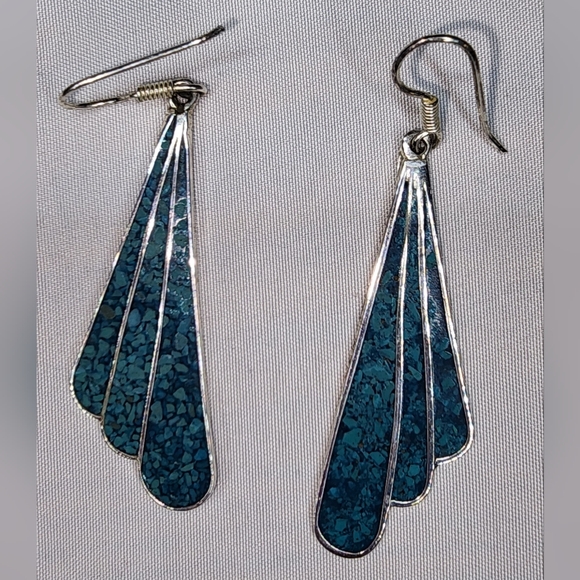 Vintage Mexico Sterling silver and turquoise inlay dangle earrings - Picture 3 of 9